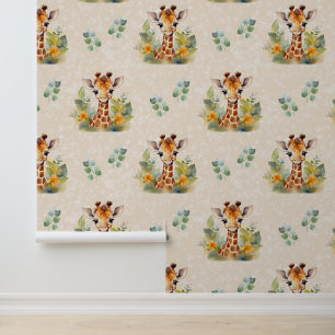 Safari Animals Baby Giraffe Greenery on Cream Wallpaper
