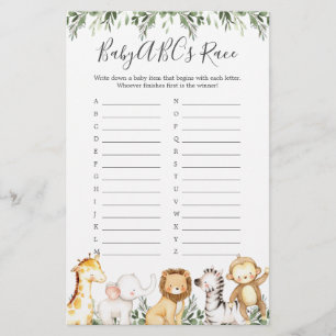 Safari Animals Baby Shower ABC's Race Game