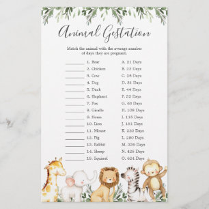 Safari Animals Baby Shower Animal Gestation Game