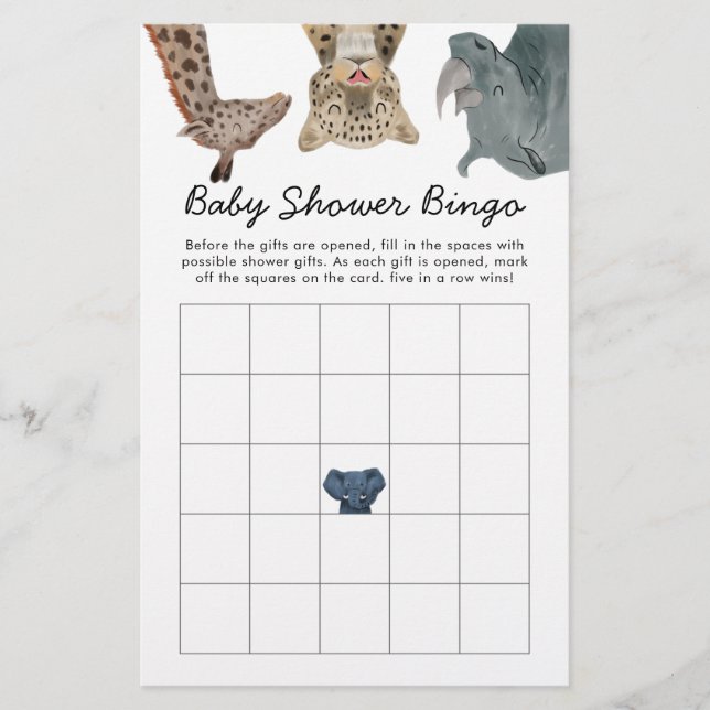 Safari Animals Baby Shower Bingo Game (Front)