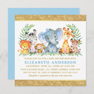 Safari Animals Baby Shower Blue Bow Gold Sq Invitation