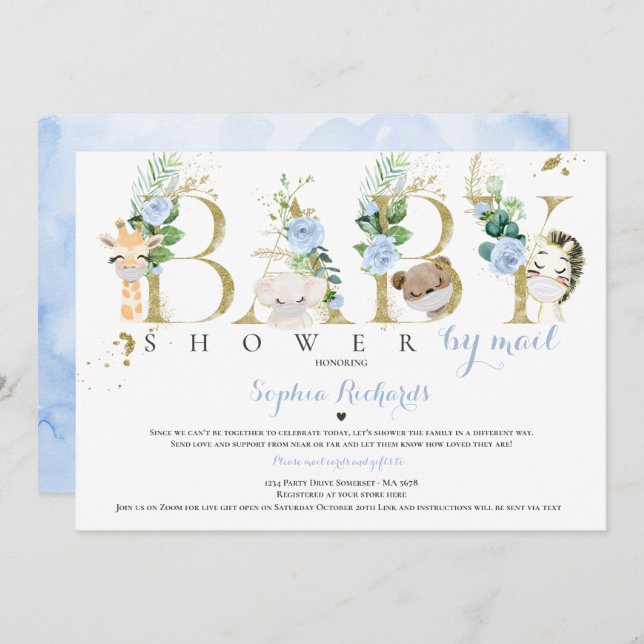 Safari Animals Baby Shower By Mail Greenery Gold Invitation (Front/Back)