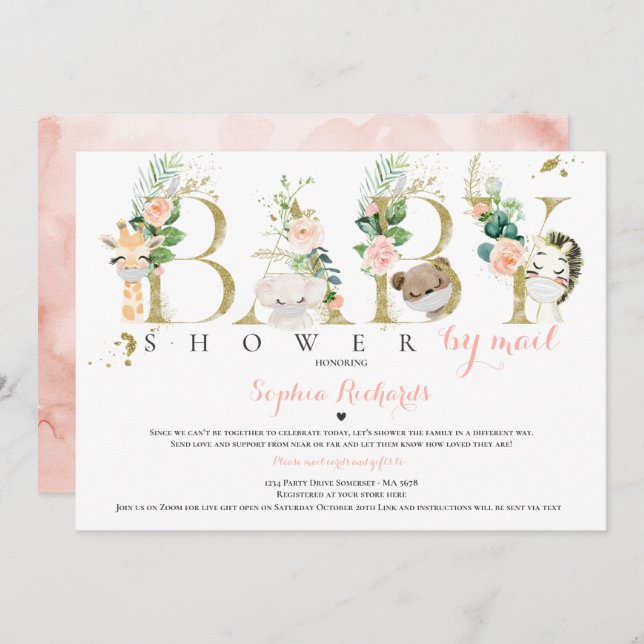 Safari Animals Baby Shower By Mail Greenery Gold Invitation (Front/Back)