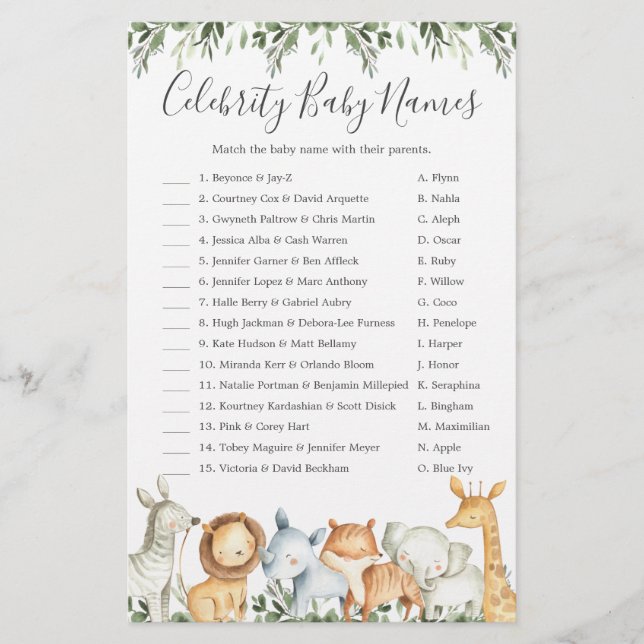 Safari Animals Baby Shower Celebrity Baby Names (Front)