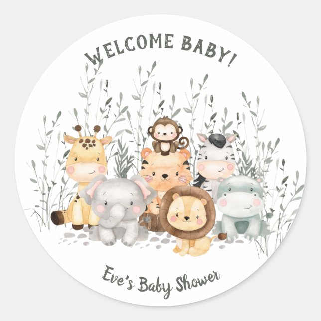 Safari Animals Baby Shower Classic Round Sticker (Front)