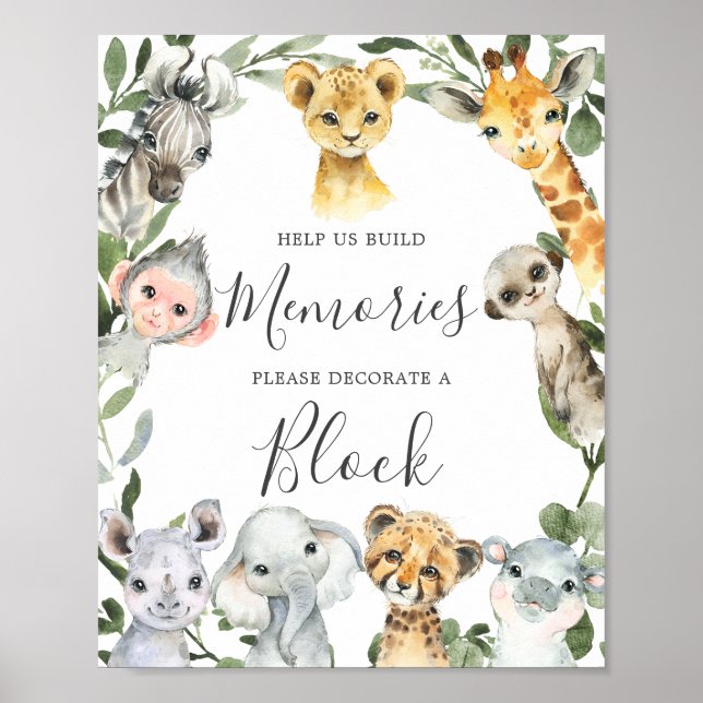 Safari Animals Baby Shower Decorate A Block Sign (Front)