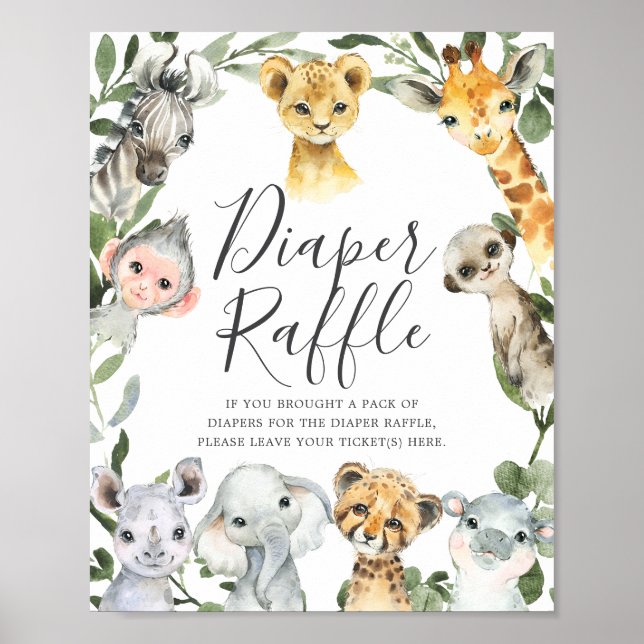 Safari Animals Baby Shower Diaper Raffle Sign (Front)