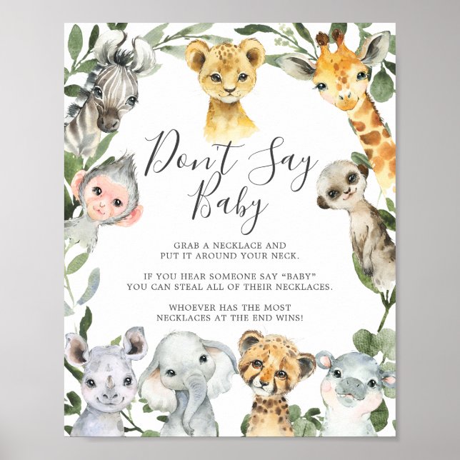 Safari Animals Baby Shower Don't Say Baby Sign (Front)