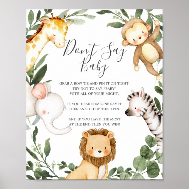 Safari Animals Baby Shower Don't Say Baby Sign (Front)