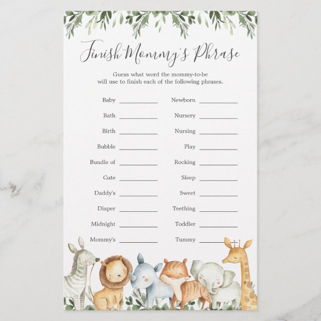 Safari Animals Baby Shower Finish Mummy's Phrase (Front)