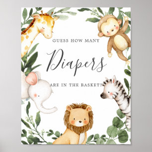 Safari Animals Baby Shower Guess How Many Diapers Poster