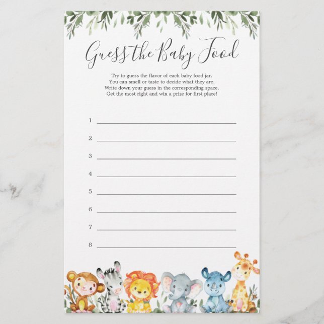 Safari Animals Baby Shower Guess The Baby Food (Front)