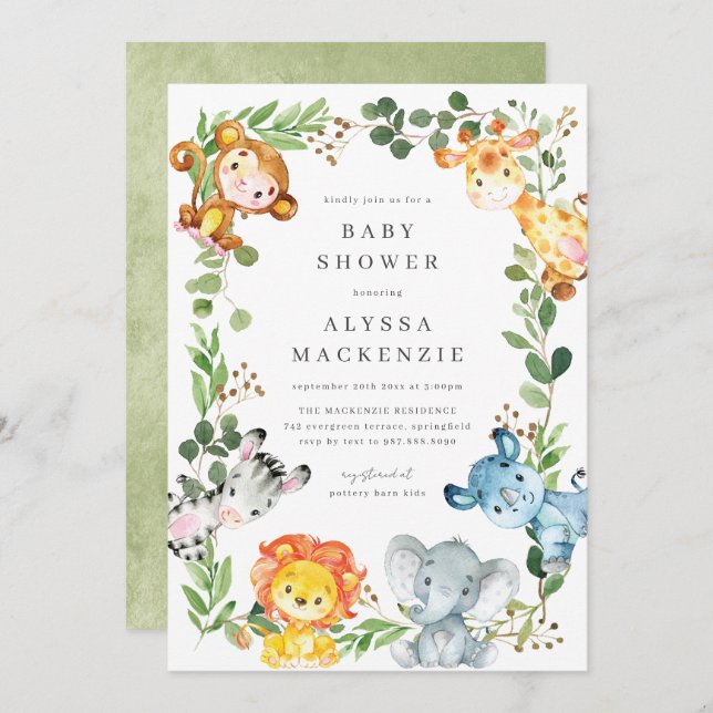 Safari Animals Baby Shower Invitation (Front/Back)