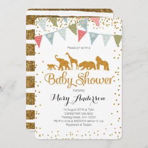 Safari Animals Baby Shower Invitation Gold Glitter