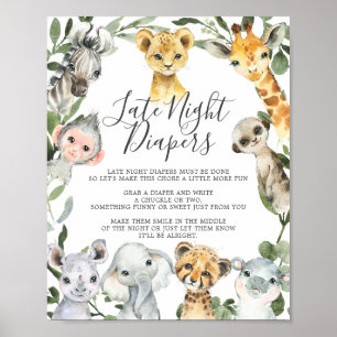 Safari Animals Baby Shower Late Night Diapers Sign