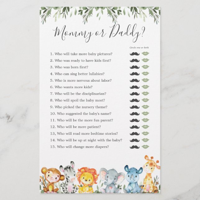 Safari Animals Baby Shower Mummy or Daddy Game (Front)