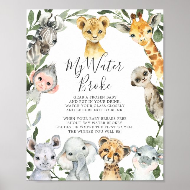 Safari Animals Baby Shower My Water Broke Sign (Front)
