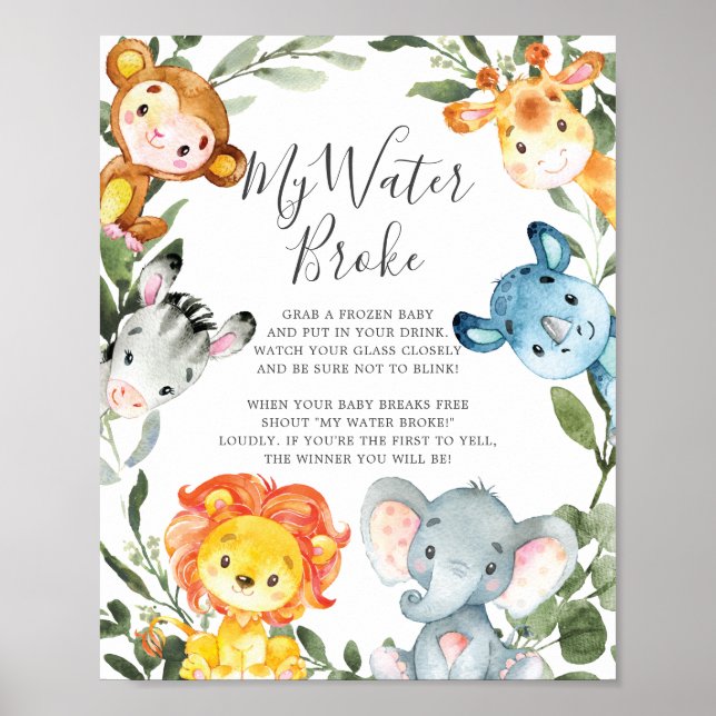 Safari Animals Baby Shower My Water Broke Sign (Front)