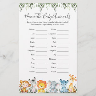 Safari Animals Baby Shower Name The Baby Animals