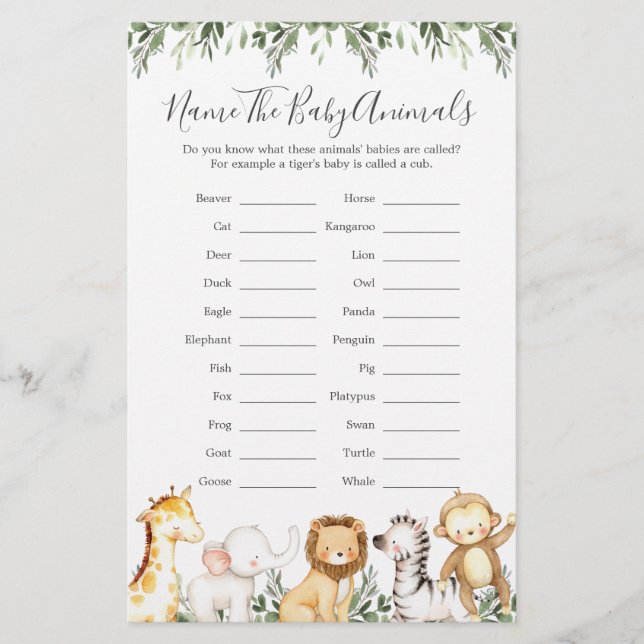 Safari Animals Baby Shower Name The Baby Animals (Front)