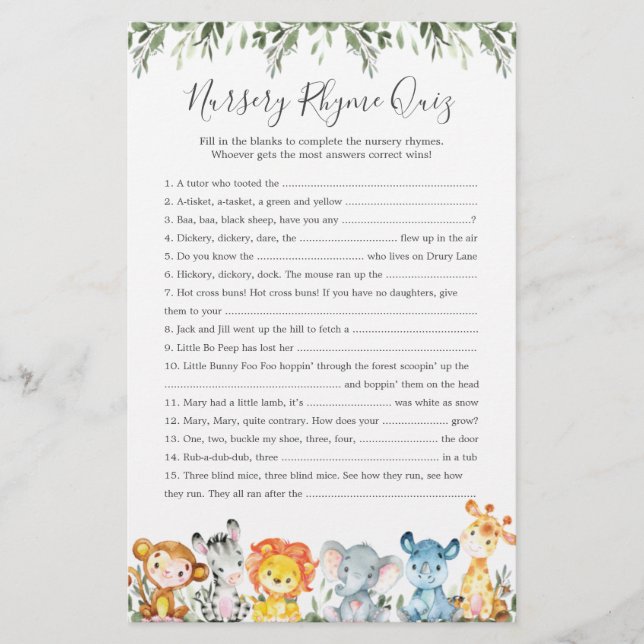 Safari Animals Baby Shower Nursery Rhyme Quiz Game (Front)