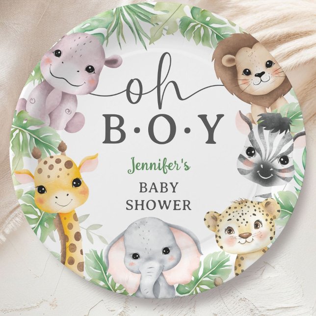 Safari Animals Baby Shower Oh Boy Cute Jungle Paper Plate (Creator Uploaded)