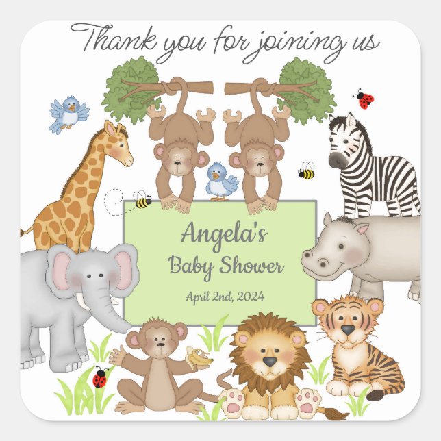 Safari Animals Baby Shower Party  Square Sticker (Front)