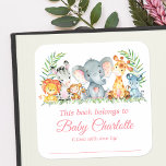 Safari Animals Baby Shower Pink Bookplate Labels<br><div class="desc">Watercolor Safari Baby Animals Bookplate Labels. Baby Animals include Elephant,  Monkey,  Giraffe,  Rhino,  Zebra and Lion on fern leaves. Watercolor Botanical Greenery. Pink Text. Add Name.</div>