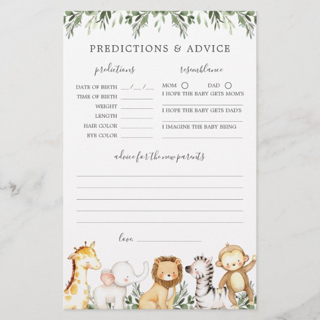 Safari Animals Baby Shower Predictions and Advice (Front)