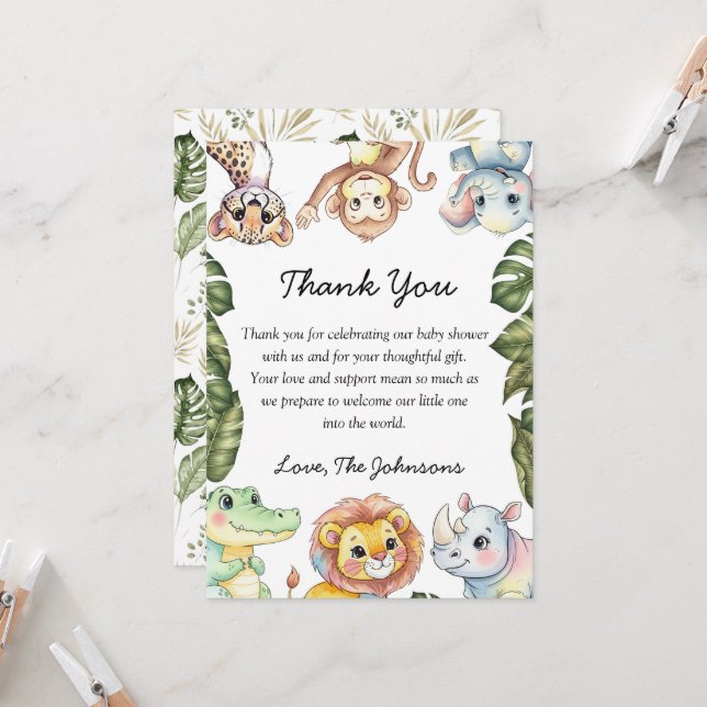 Safari Animals Baby Shower Thank You Card (Front/Back In Situ)