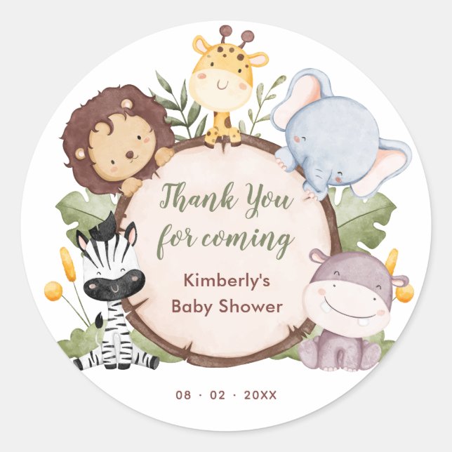 Safari Animals Baby Shower Thank You Favour Classic Round Sticker (Front)