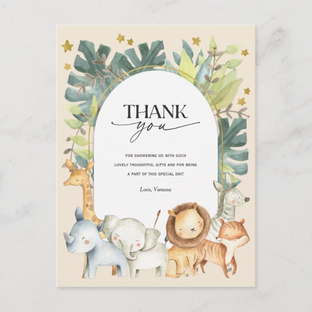 Safari animals baby shower thank you postcard (Front)