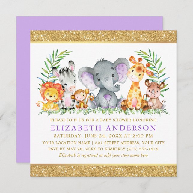 Safari Animals Baby Shower Violet Gold Glitter Sq Invitation (Front/Back)