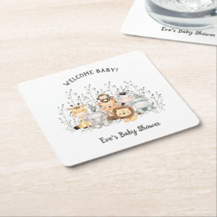 Safari Animals Baby Shower Welcome Baby Square Paper Coaster