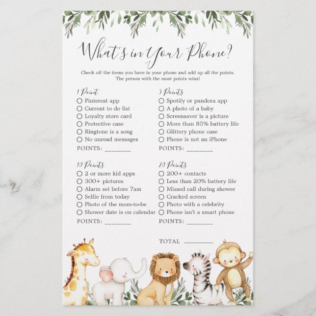 Safari Animals Baby Shower What's in Your Phone (Front)