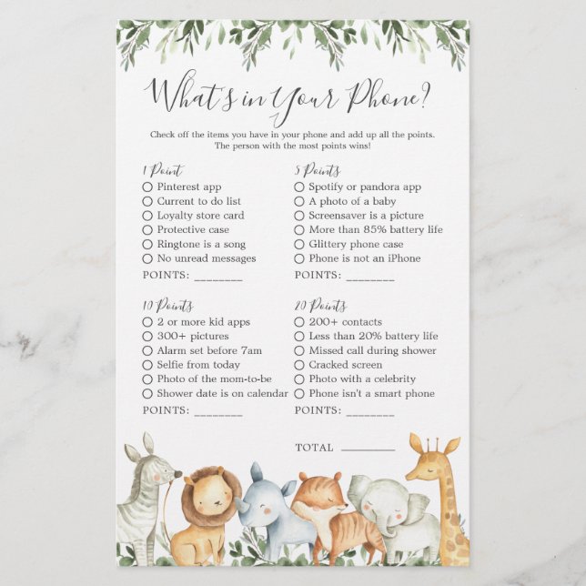 Safari Animals Baby Shower What's in Your Phone (Front)