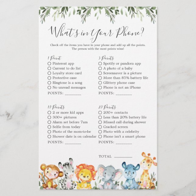 Safari Animals Baby Shower What's in Your Phone (Front)