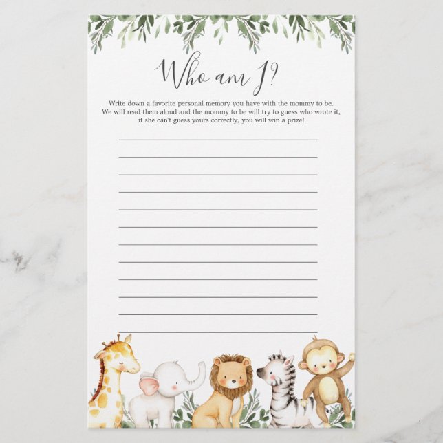 Safari Animals Baby Shower Who Am I Game (Front)