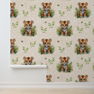 Safari Animals Baby Tiger Cub Greenery on Cream Wallpaper