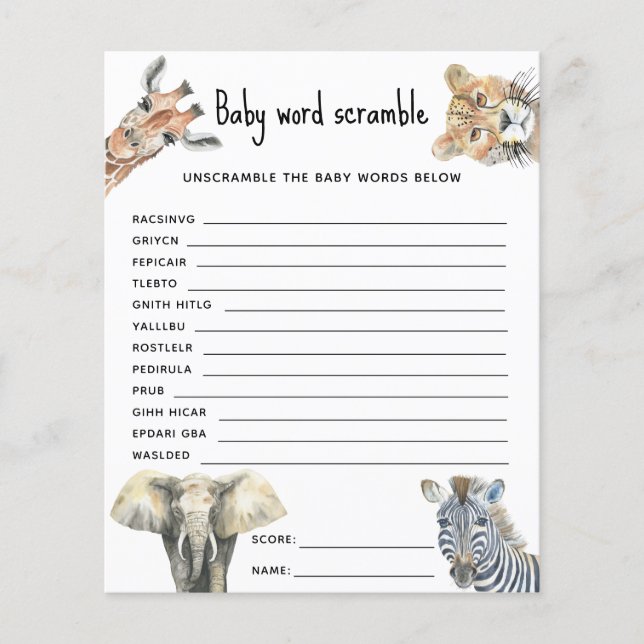Safari animals - Baby Word Scramble (Front)