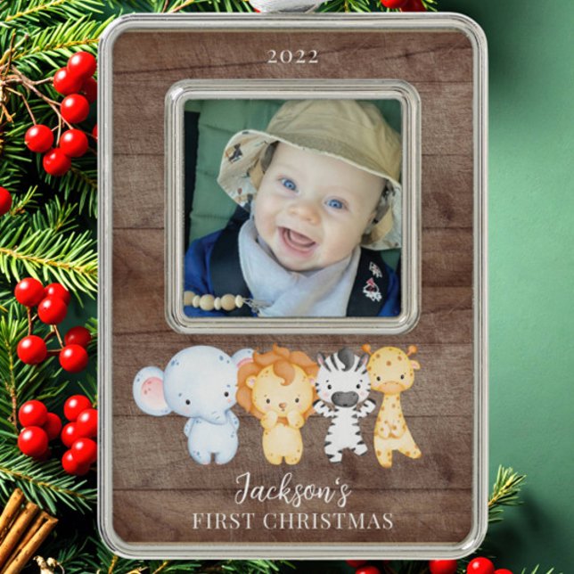 Safari Animals Baby's First Christmas Photo Christ Silver Plated Framed Ornament (Creator Uploaded)
