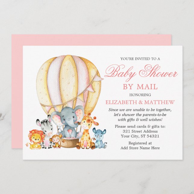 Safari Animals Balloon Pink Baby Shower by Mail Invitation (Front/Back)