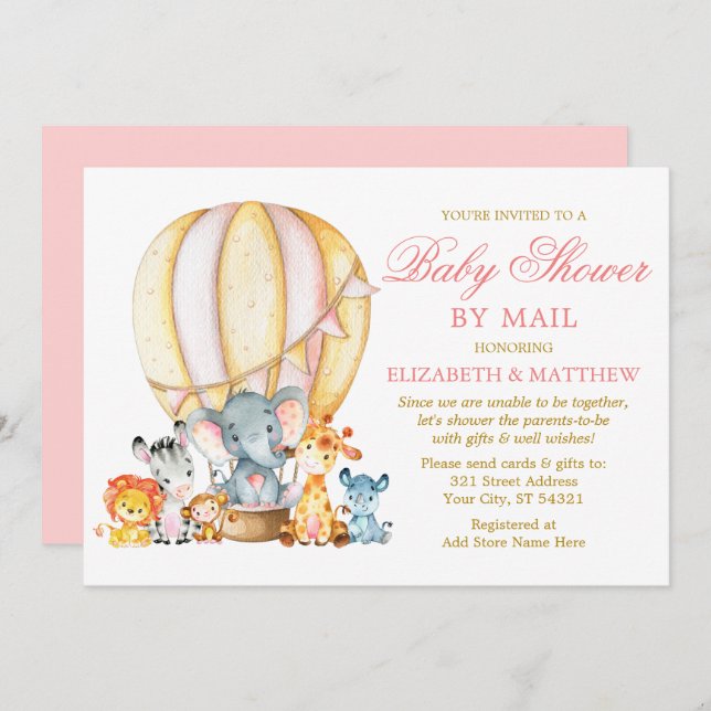 Safari Animals Balloon Pink Gold Shower by Mail Invitation (Front/Back)