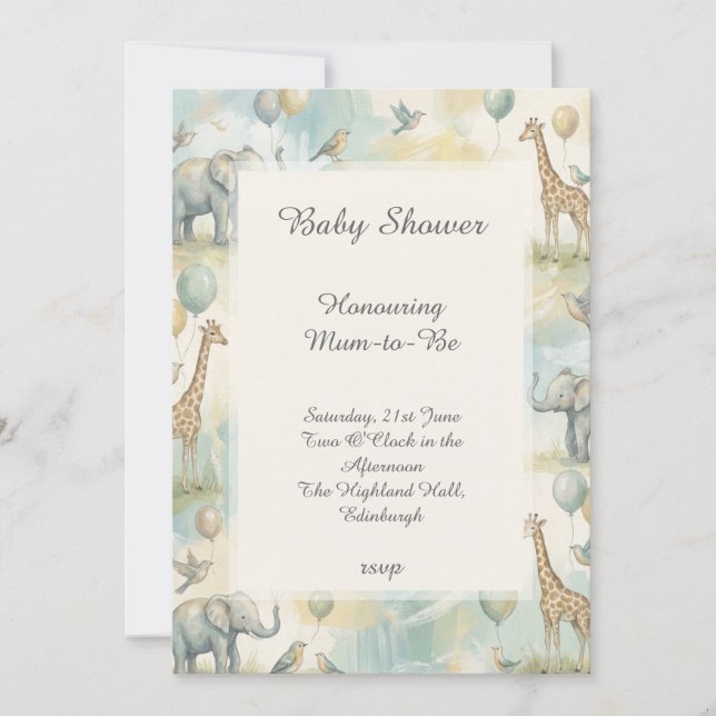 Safari Animals Balloons Baby Shower Invitation (Front)