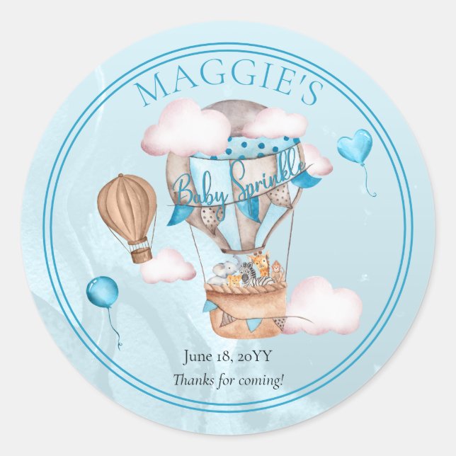 Safari Animals Balloons Blue Boy Baby Sprinkle Classic Round Sticker (Front)