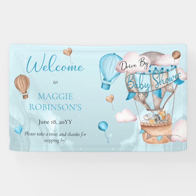 Safari Animals Balloons Drive By Boy Baby Shower  Banner (Horizontal)