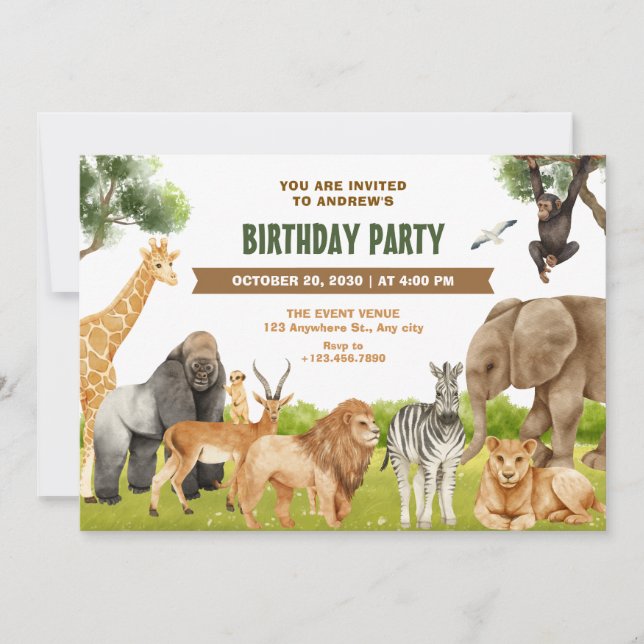 Safari animals birthday invitation (Front)