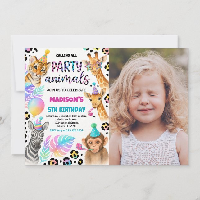 Safari Animals Birthday Invitation with photo (Front)
