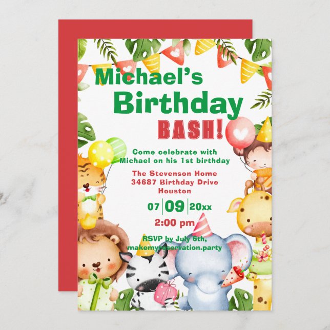 Safari Animals Birthday Party Invitation (Front/Back)