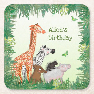 Safari animals birthday party square paper coaster